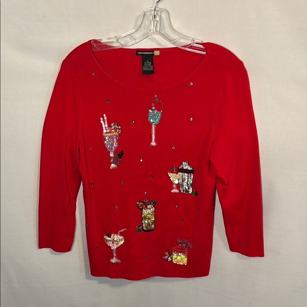 Sweaterworks beaded cocktail-themed red sweater knit top size medium